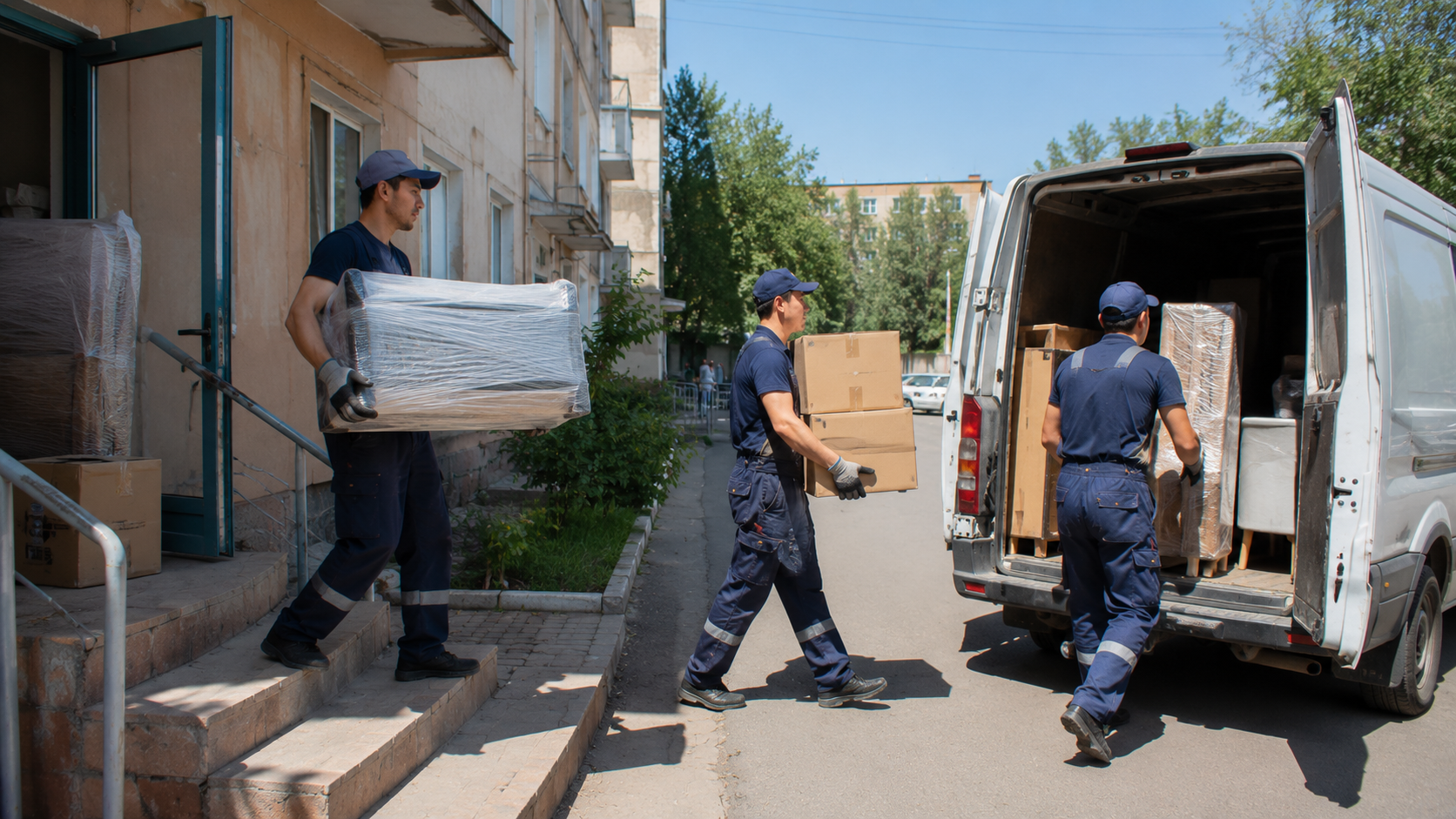 Бригада грузчиков в форме выносит упакованную мебель и коробки из подъезда и грузит в газель в Шымкенте в солнечный день